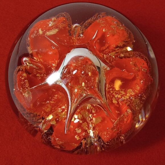 Vintage Huge Center Domed Bubble Lava Red & Gold Flecks Paperweight Cottagecore - Picture 2 of 8